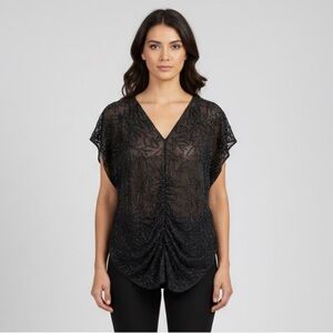 Vintage Black Beaded Silk Chiffon Sleeveless V-Neck Tunic Top w/ Ruching - M / L